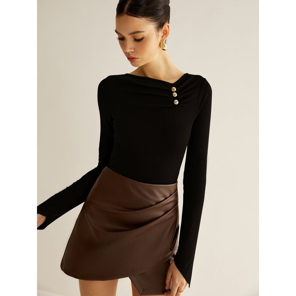 Commense Ribbed Long‎ Sleeve Top with Gold Buttons, Stylish Fitted Blouse size S